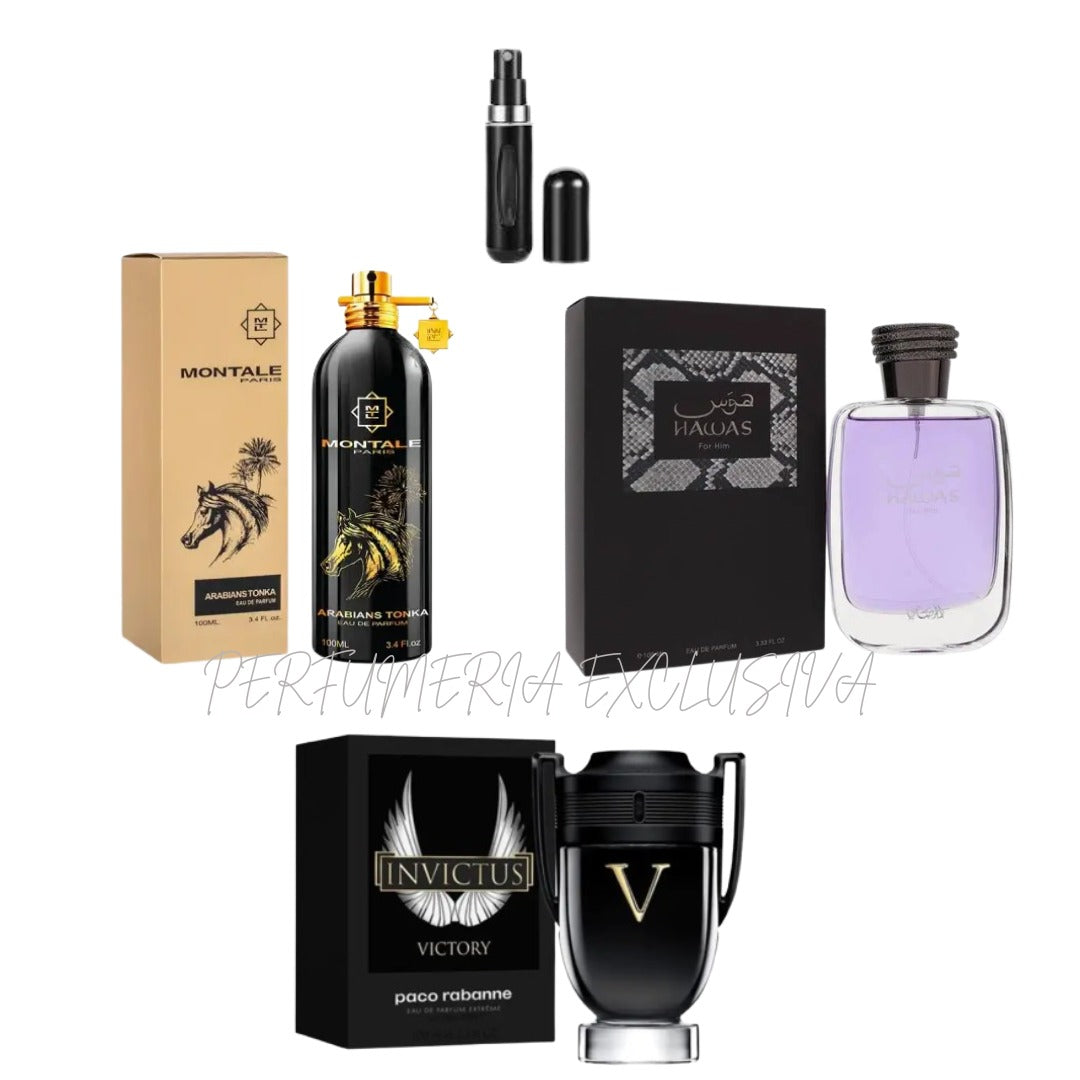 Perfumes Tonka, Hawas For Him, Invictus V con Perfumero